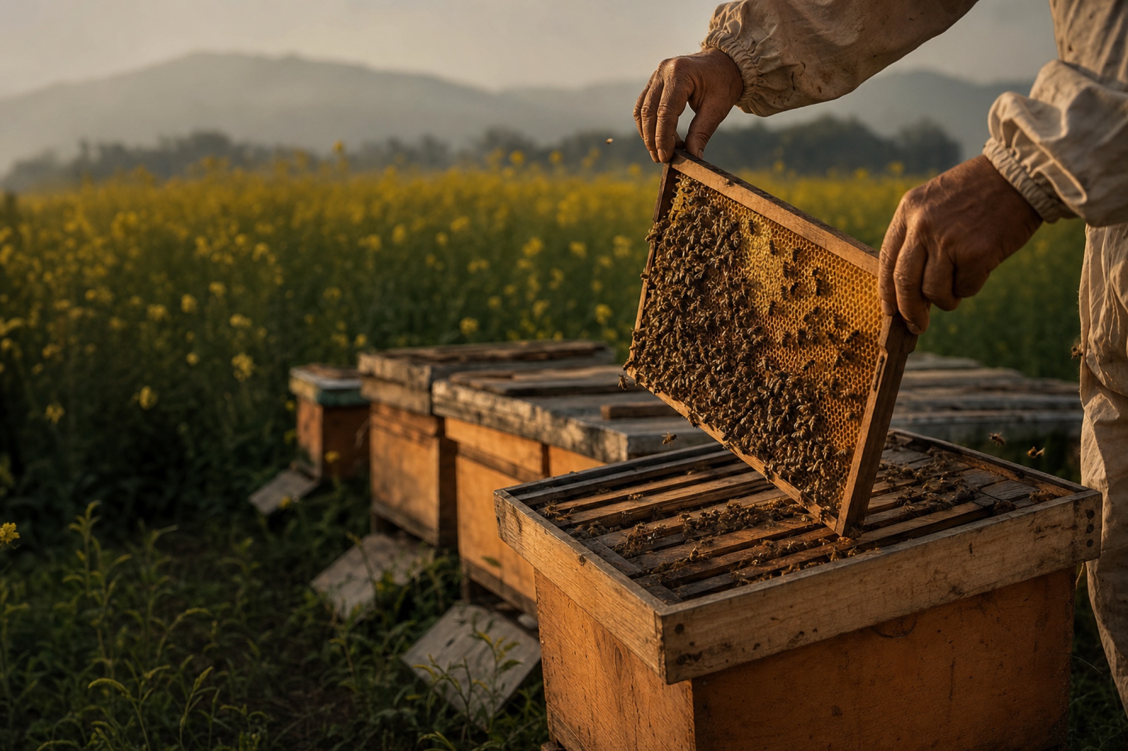 Beekeeper inspecting a honeycomb frame among mustard flowers